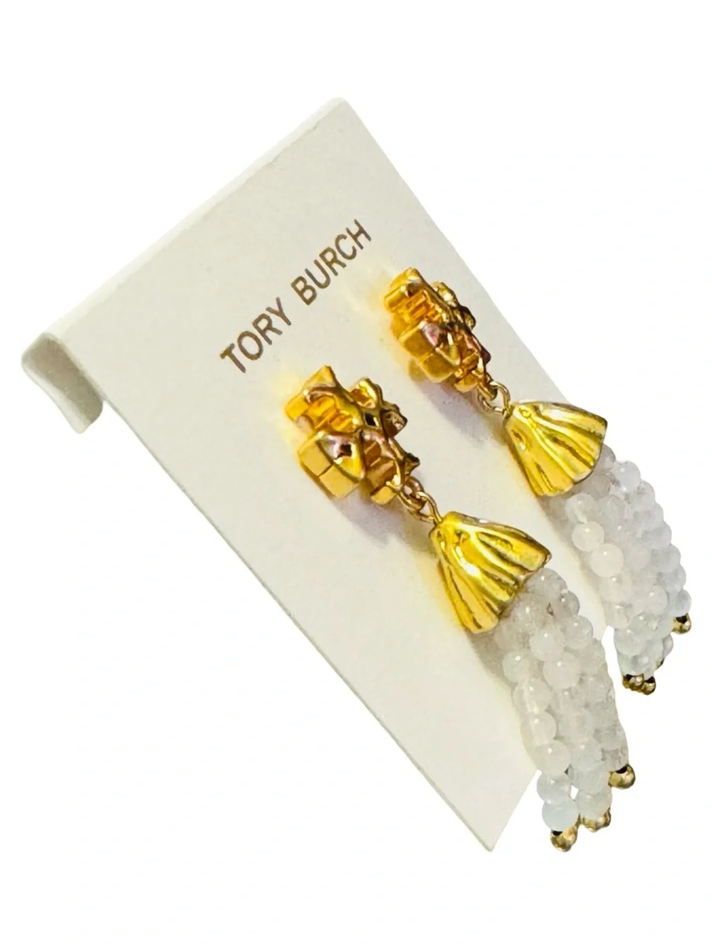 Tory Burch Gold RARE and White Beaded Tassel Drop Earrings NWT & Dustbag!